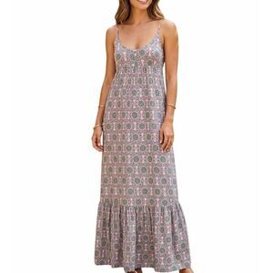 Nicole Miller Collection Geometric Multi Silk Mandala Maxi Dress Tiered Ruffle S